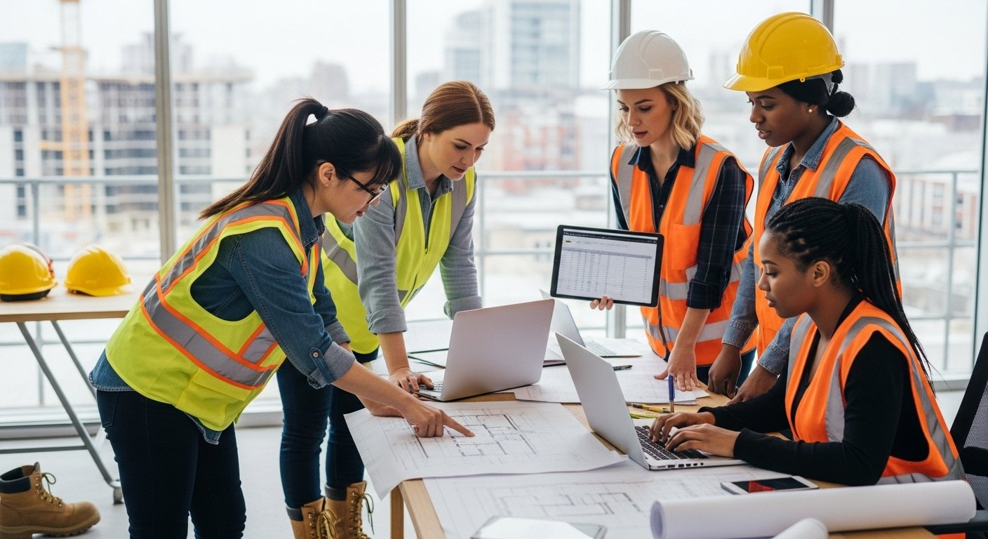 female construction workers working on how to create construction budgeting2