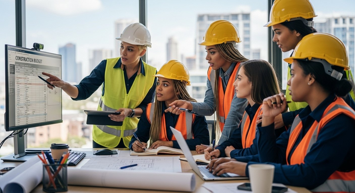 female construction workers working on how to create construction budgeting